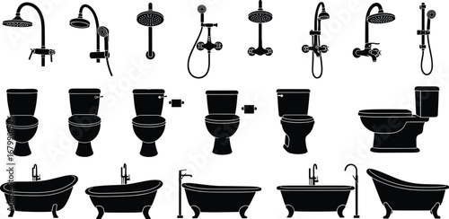Bathroom fixtures silhouettes, showerheads, faucets, toilets, bathtubs, plumbing set, black vector, isolated design, home renovation, interior detail, sanitary ware, modern and classic styles