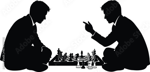 Silhouette people playing chess, strategic board game, competition and thinking, black vector art, intellectual challenge illustration, business strategy concept, mental skill activity