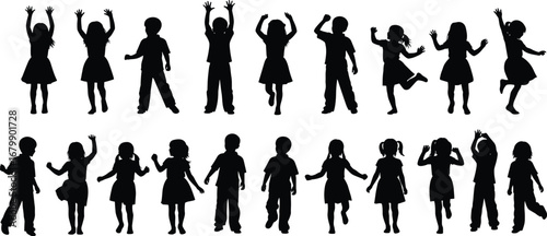 Children silhouettes, kids playing poses, jumping and dancing, active childhood, group activity, playful movement, happy kids, fun action, energetic youth, recreation vector illustration