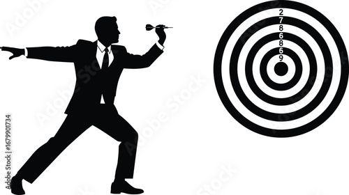 Businessman silhouette, throwing dart at dartboard, aiming for target, precision, focus, goal setting, accuracy concept, competitive sport, success strategy, vector illustration