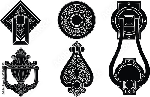 Vintage door knockers, ornate hardware set, decorative silhouette, antique design, black and white, isolated vector, architectural detail, classic style, collectible illustration, retro element