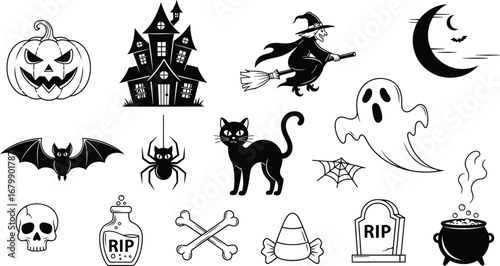 Halloween themed vector icons featuring pumpkin, haunted house, witch, and other spooky elements