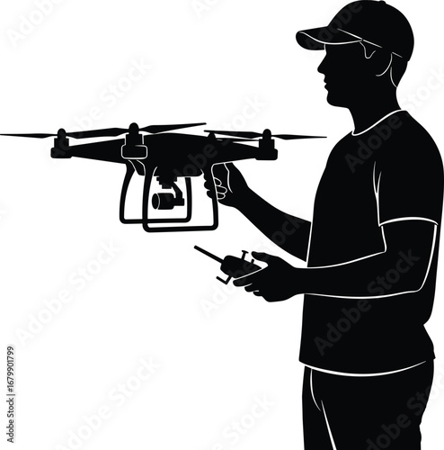 Drone operator silhouette, person holding remote control, launching quadcopter with camera, aerial photography, videography, modern technology, recreational professional use, vector illustration