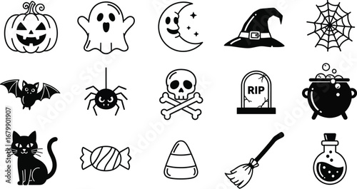 A collection of halloween themed icons including a pumpkin ghost and other spooky elements in black and white