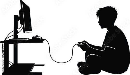 Black and white silhouette, gamer playing video game, sitting on floor, holding controller, connected to console, monitor on desk, gaming setup illustration, vector art
