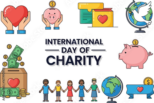 International day of charity illustration with hearts, globes, and diverse people holding hands