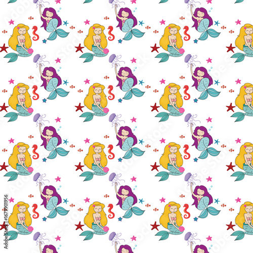 Cute Cartoon Mermaid Seamless Background Design