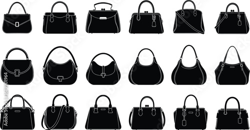 Handbag silhouettes, 18 bag designs, fashion accessories, purse collection, tote, clutch, shoulder bag, crossbody, black vector, isolated design, style illustration, retail catalog