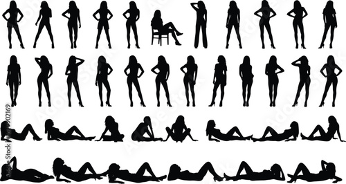 Human poses silhouette, standing and reclining positions, male figure, body posture set, black vector, isolated design, art reference, modeling, animation, movement illustration