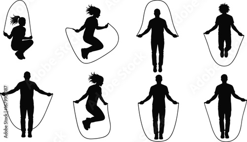 Jump rope silhouettes, people skipping rope, athletic exercise poses, fitness workout, black vector, isolated design, sports training, cardio activity, movement illustration, healthy lifestyle