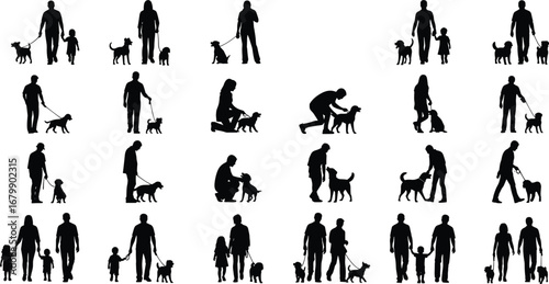 People with dogs silhouettes, adults and children walking, playing, petting, family and pet interaction vector illustration, animal companionship graphic set