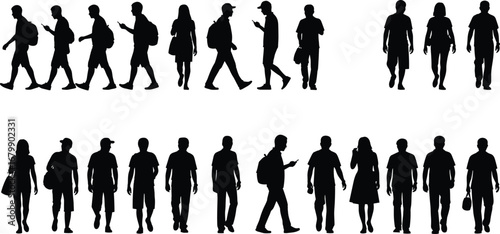 People silhouettes, walking and standing poses, casual movement, everyday activity, urban lifestyle, backpack, handbag, phone use, diverse figures, human posture, street scene vector illustration