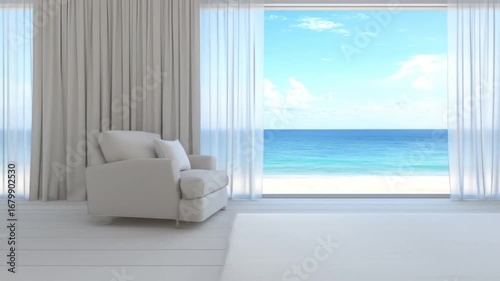 A bright and airy interior space, showcasing panoramic ocean views through sheer curtains.