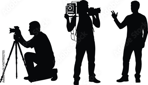 Black and white silhouette of media production team with camera operator, videographer, and presenter, filming, broadcasting, communication concept, vector illustration, creative industry scene