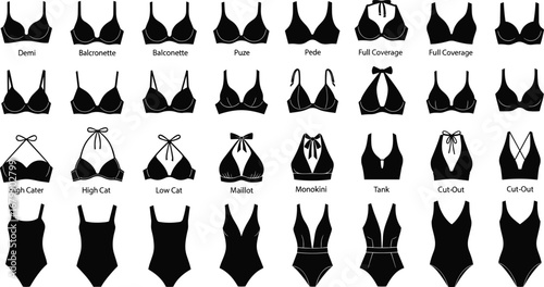 Women’s swimwear styles, bikini tops and one‑piece silhouettes, fashion vector illustration, demi, balconette, plunge, padded, full coverage, monokini, tank, cut‑out designs