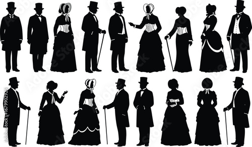 Victorian era silhouettes, men and women in formal dress, historical fashion illustration, 19th century clothing, vintage costume design, elegant retro vector art
