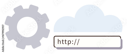 Gear beside a cloud with an HTTP URL bar signifying cloud setup, configuration, and web connection. Ideal for cloud computing, server setup, technology, web development, online tools, IT services