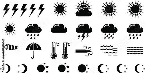 Weather icon set, vector illustration of sun, clouds, rain, lightning, wind, waves, moon phases, umbrella, thermometer, meteorology symbols, climate graphic