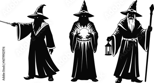 Three wizard silhouettes, fantasy characters, holding wand, glowing orb, lantern, staff, pointed hats, long robes, magical poses, mystical illustration, sorcerer vector art