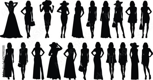 Women fashion silhouettes, stylish female poses, black vector illustration, dress and accessory variety, modern clothing design, handbag and hat styles, fashion art graphic