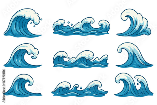 Set of ocean wave illustrations in a cartoon vector style. Collection of sea water surf, storm swirls, and blue splashes. Graphic design elements for nature or summer themes.