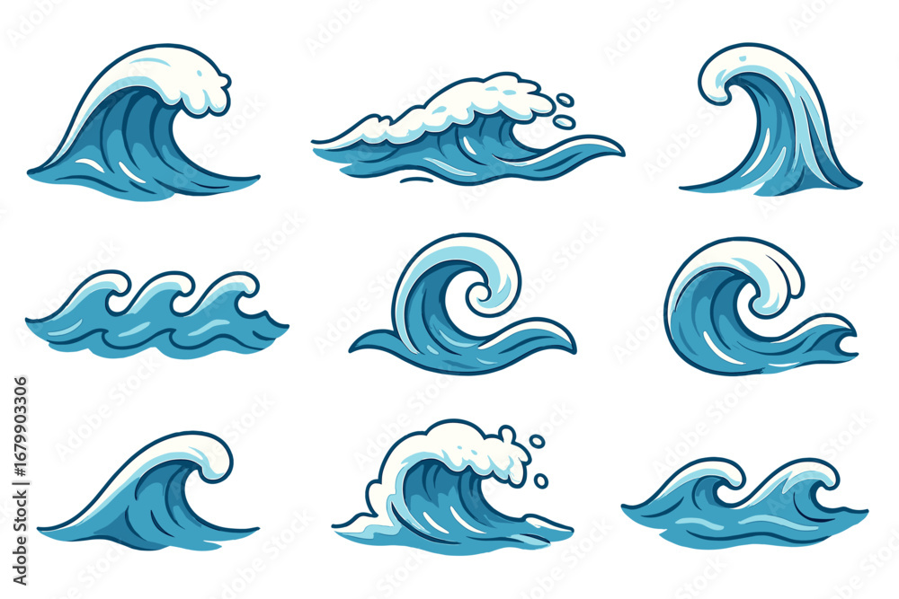 Fototapeta premium Wave vector illustration set. Ocean sea water waves collection. Cartoon surf icons. Summer tidal storm splash symbol. Nature liquid aqua flow design element. Graphic isolated.