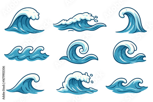 Wave vector illustration set. Ocean sea water waves collection. Cartoon surf icons. Summer tidal storm splash symbol. Nature liquid aqua flow design element. Graphic isolated.