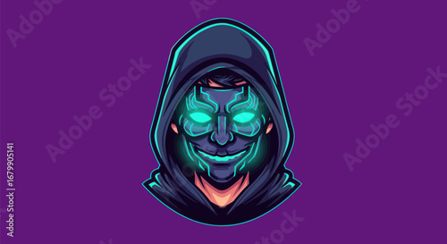 Mysterious hooded figure with glowing mask a captivating digital artwork.