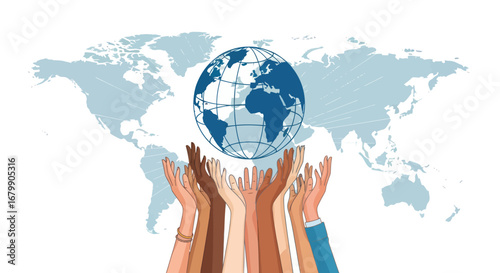 Diverse Hands Holding the Globe: Unity and Global Cooperation.