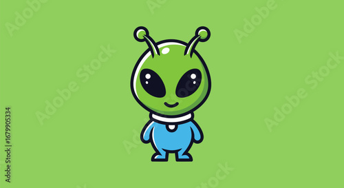 Cute green cartoon alien character with big eyes and antennae.