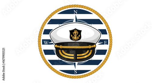 Captains Hat with Compass and Nautical Stripes.