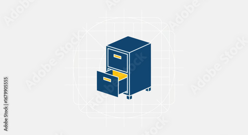 Isometric blue office filing cabinet with open drawer.
