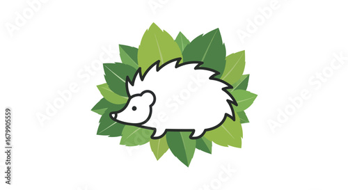 Simple Line Drawing of a Hedgehog Amidst Leaves.