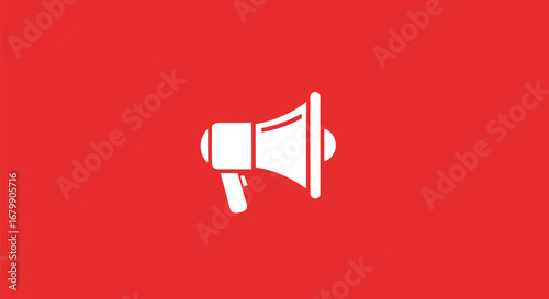White megaphone icon symbolizing announcement and communication on a vibrant red background.