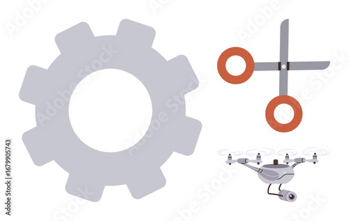 Grey gear, scissors with orange handles, and a quadcopter Quadcopter highlight themes of technology, creativity, and innovation. Ideal for engineering, DIY, robotics, modern tools industrial progress