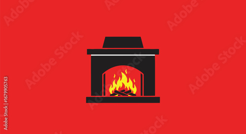 Simple Black Fireplace with Burning Fire.