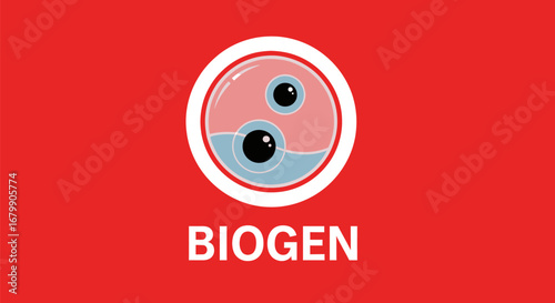 Biogen logo on red background representing biotechnology and science.