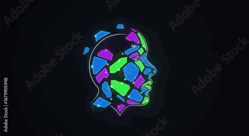 Abstract human head mosaic with vibrant fragmented pieces.