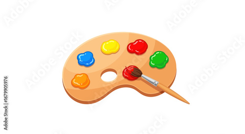Wooden artists palette with colorful paints and a paintbrush.