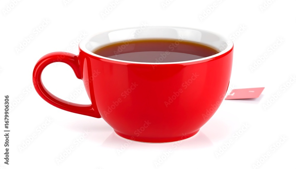 Obraz premium Red teacup filled with dark brown liquid, and a tea bag beside it