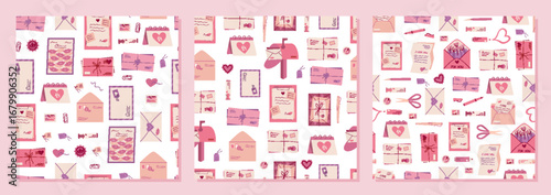 Seamless flat pattern with love mail, heart, envelope, card, message, note, valentine set. Celebration of valentine letter, romantic correspondence, creative card. Trendy stationery pattern, perfect