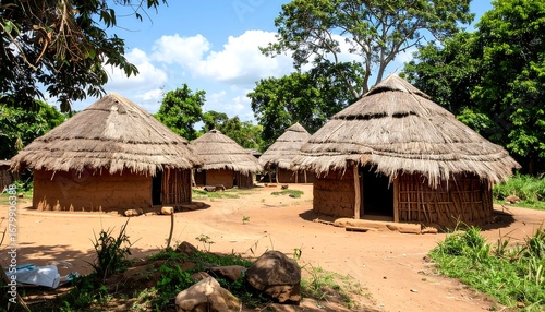 African village huts under a bright sky