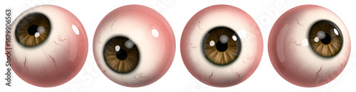 Realistic eyeballs set with brown pupils from different angles. 3D rendering.