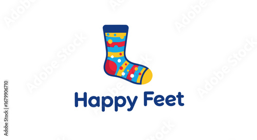 Colorful Striped Sock with Happy Feet Text Logo.