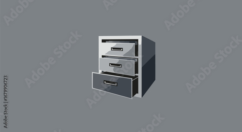 Modern office filing cabinet with three drawers one drawer open.