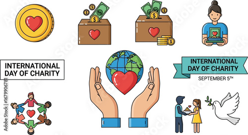 International day of charity vector illustration with donation boxes and heart symbols on white background