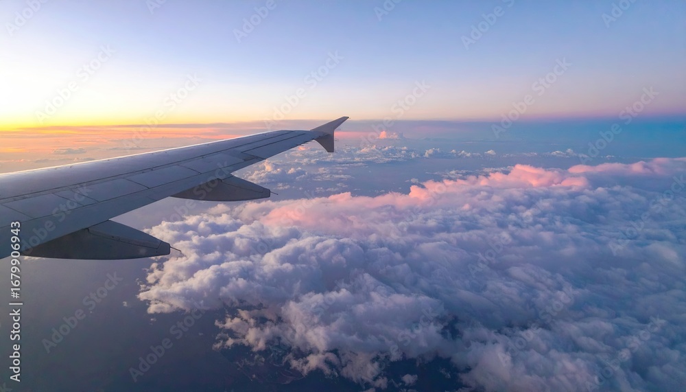 Obraz premium Airplane Wing Above Clouds at Sunrise