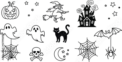 A halloween themed image with a witch, pumpkin, ghosts, and other spooky elements in black and white