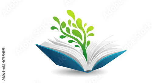 Book of knowledge with leaves representing growth and learning.