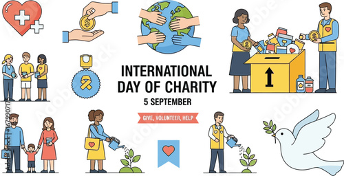 International day of charity illustration with diverse people and donation related symbols shown